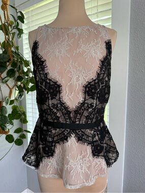 LOFT Lace Overlay Peplum Top in Black and Cream Size 2